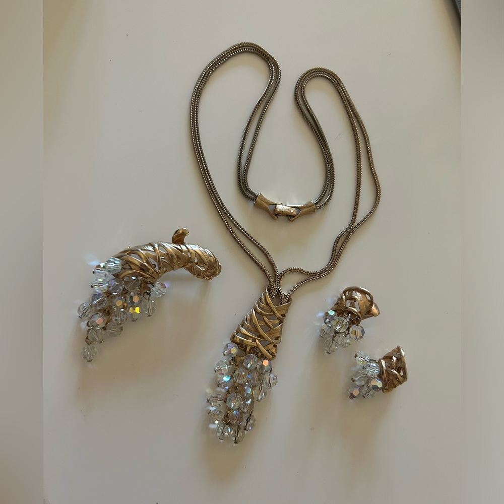 Vtg 50’s Modernist Costume Jewelry Necklace Earrings Brooch Gold Plated Crystals